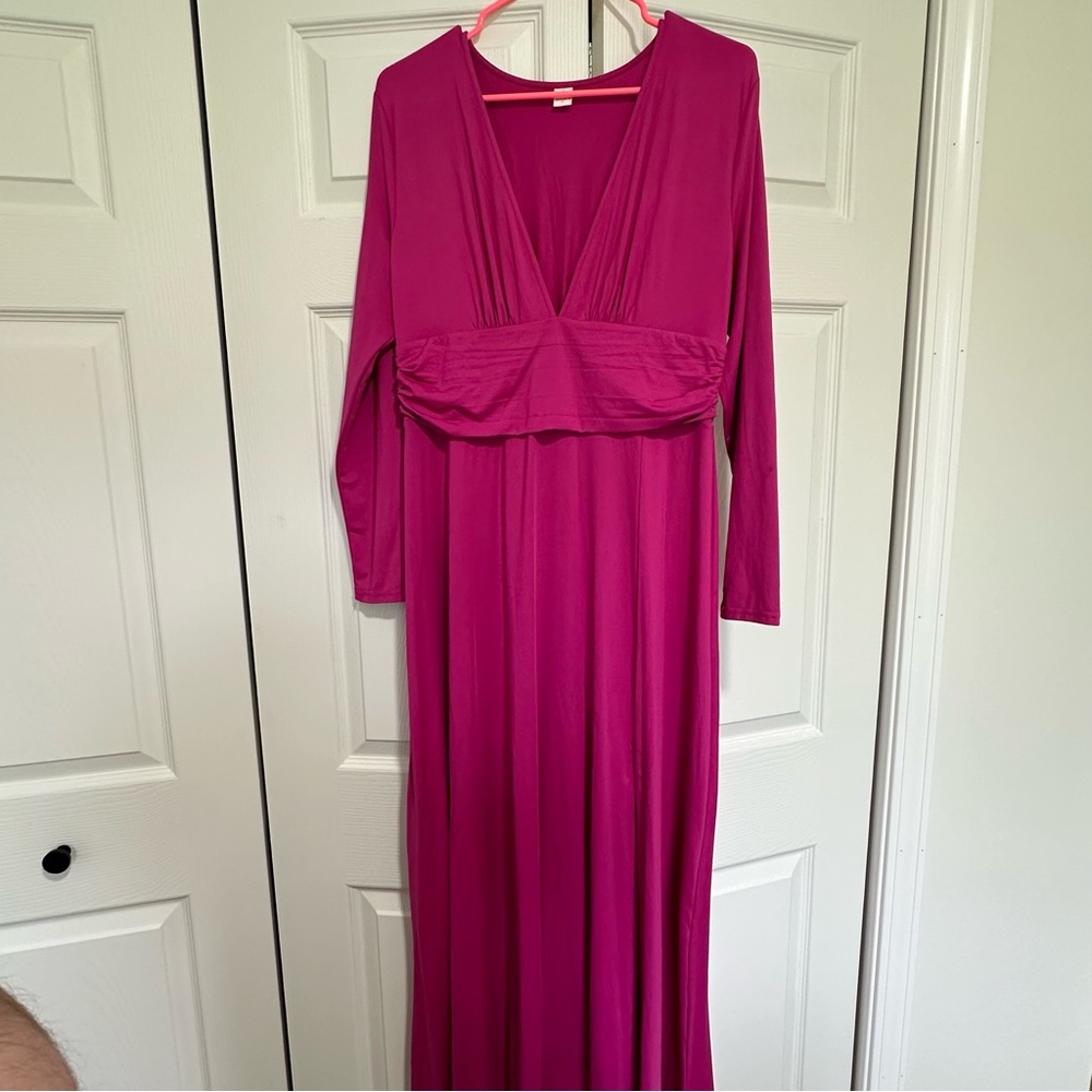 ANRABESS Women Deep V Neck Long Sleeve Slit Elegant Maxi Long Dress - Fuschia - Picture 4 of 6
